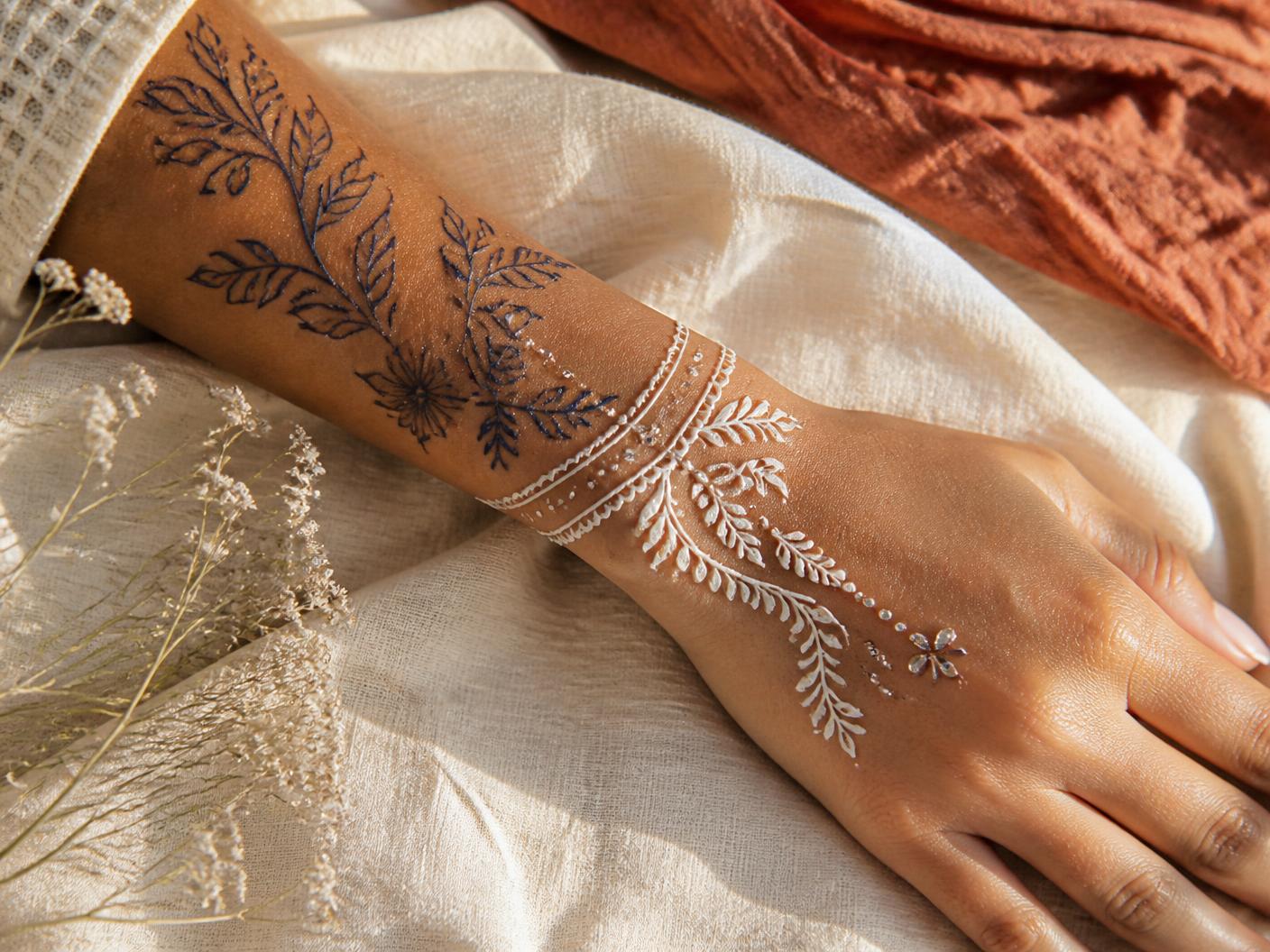 Réalisation associant motifs de jagua, henné blanc et détails bijoux sur une main